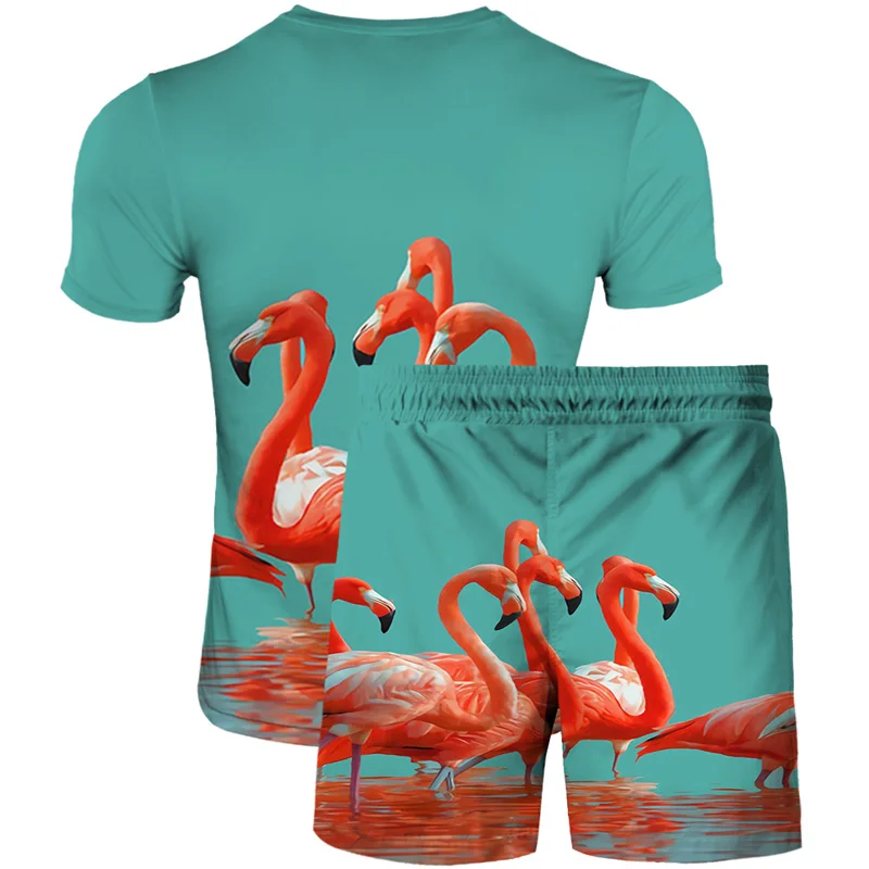 

Summer new men and women with the same 3D printing flamingo T-shirt + shorts fashion trend boutique T-shirt two-piece large size