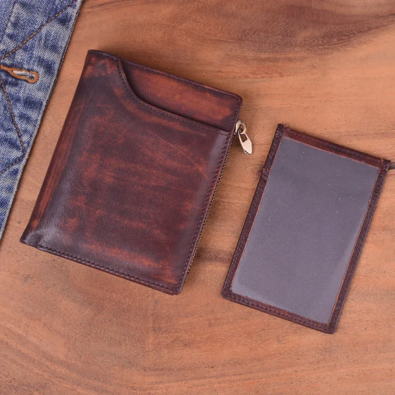 AETOO Vintage leather men's old short wallet handmade zipper top layer cowhide large capacity ladies | Багаж и сумки