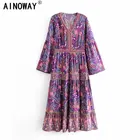 Женское винтажное платье с цветочным принтом, Пляжное богемное Плиссированное Платье макси с рукавами летучая мышь и V-образным вырезом, летнее платье в стиле бохо с бахромой