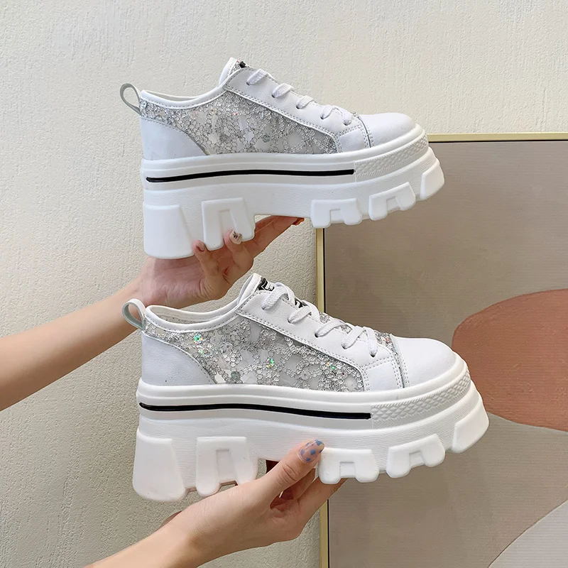 

HKXN 2022 Summer New Sequined Mesh Women Platform Breathable Casual Shoes Fashion Increased Hollow Woman Vulcanized Shoes T