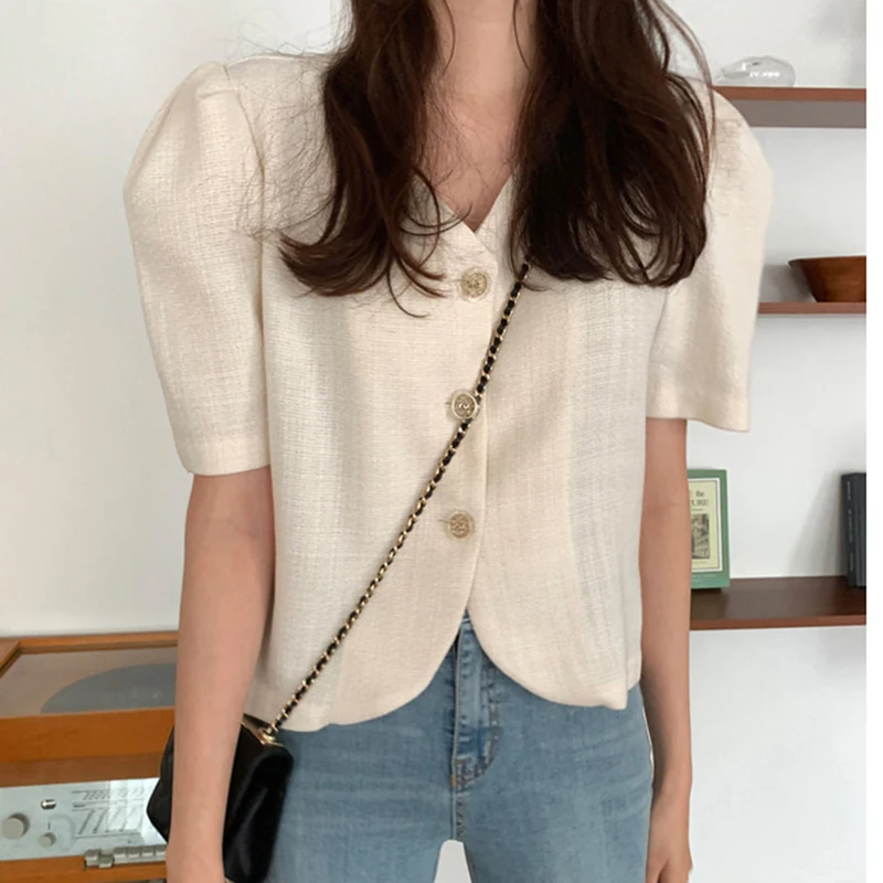 

Korejpaa Women Jackets 2021 Summer French Simple Temperament V-Neck Chic Three-Button Loose All-Match Puff Sleeve Short Jacket