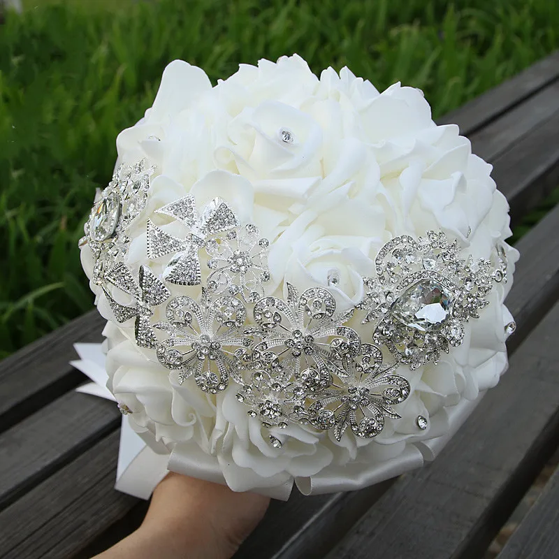 

Luxury Wedding Bouquets 2021 Flowers Ribbons Big Crystals For Bride Wedding Custom Color White Vestido De Noiva Fashion Elegant