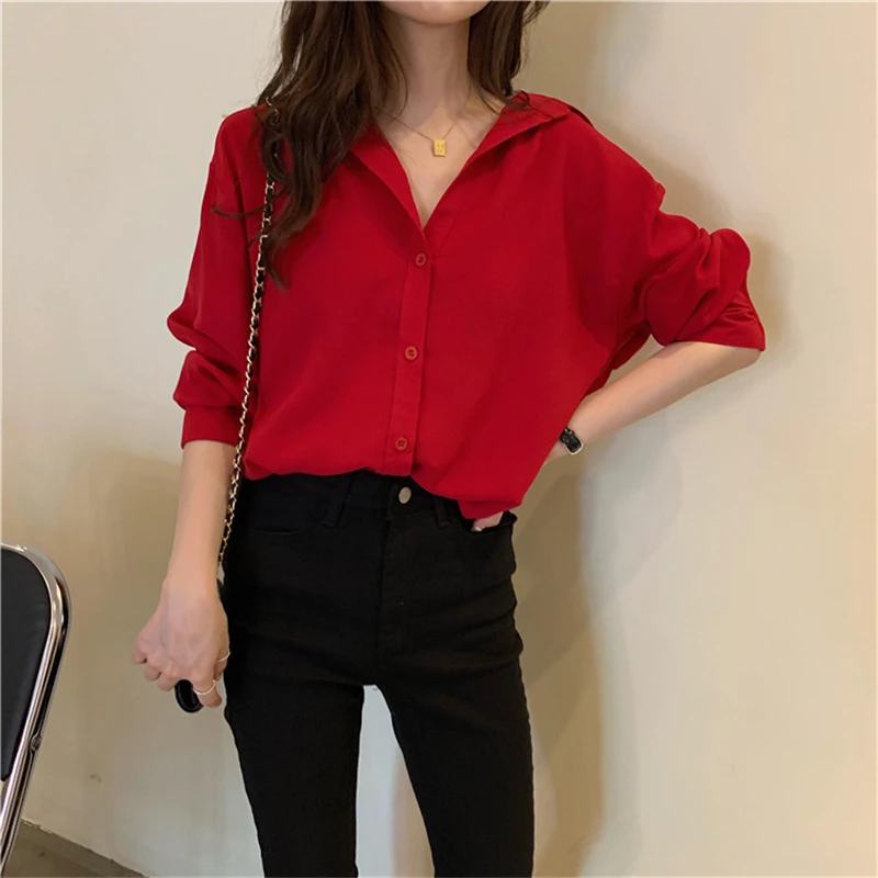 

Seoulish Spring Autumn Loose Red Women's Blouse Chic Long Sleeve Buttons Turn-down Collar Elegant Shirts Korean Style 2021 New