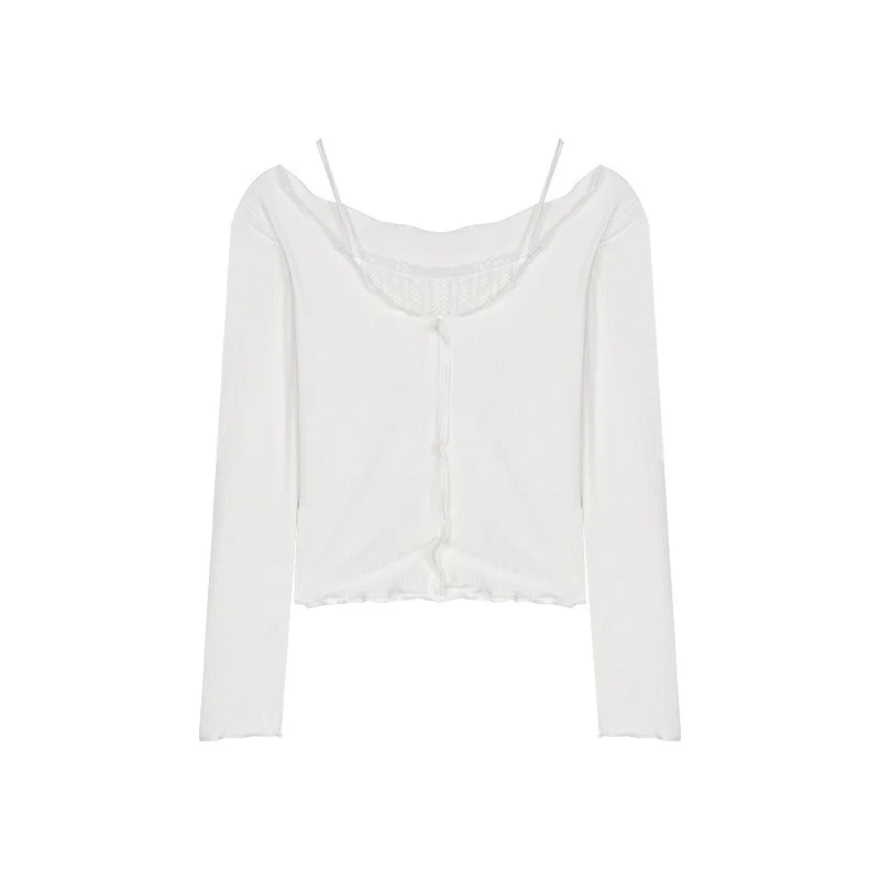 

Women's Autumn Splicing Sexy Off Shoulder Bottoming T-shirts White Lace Fake Two Piece Elegant Suspender Long Sleeve Short Tops