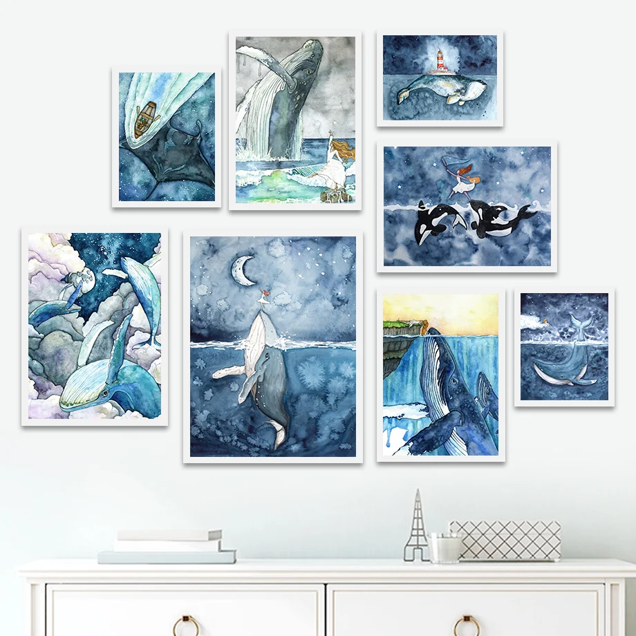 

Killer Whale Moon Girl Boat Marine Life Cartoon Wall Art Canvas Painting Nordic Posters And Prints Wall Pictures Kids Room Decor