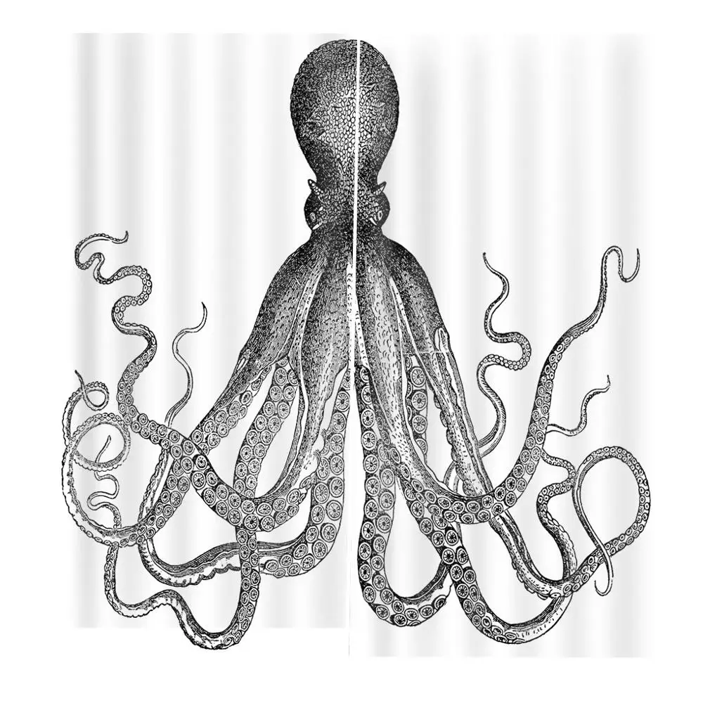 

Black Octopus White Background Bathroom Curtain Set Funny 3D Octopus Curtain For Living room Bedroom Polyester Hooks