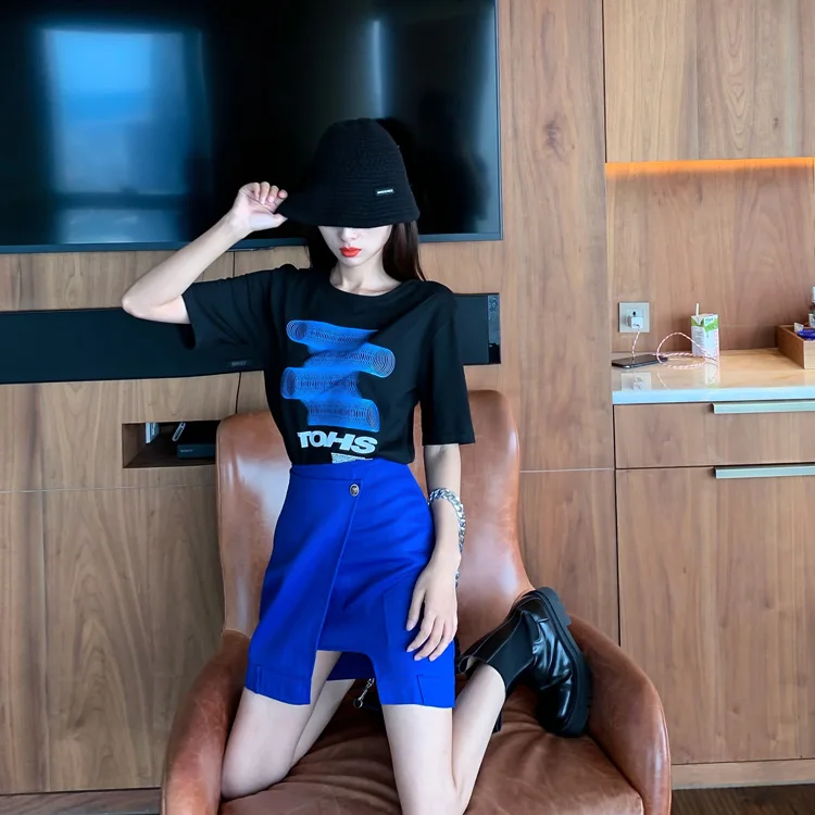 

Casual Fashion Two-Piece Set Hong Kong Style Retro Chic Top T-shirt with Short Sleeves Women's High Waist Irregular Skirt