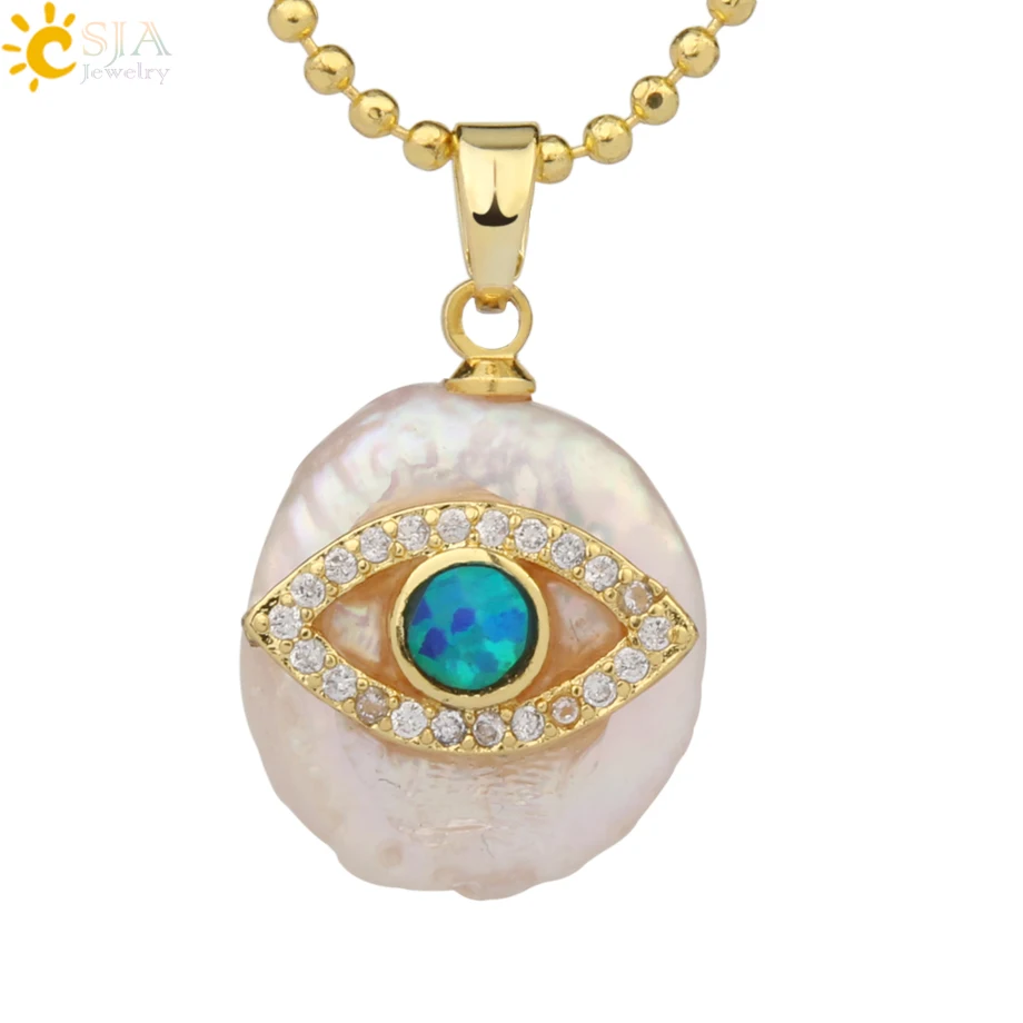 Necklace-F CSJA монета пресноводный жемчуг подвески маленький размер сглаза Хамса Фатима рука Циркон золотого цвета ожерелье чокер для женщин девочек G205 - Окраска металла: Necklace-F