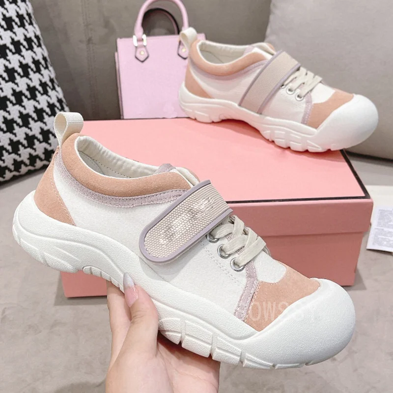 

Autumn Fashion Thick Bottom Daddy Shoes Cotton Fabric Real Leather Patchwork Magic Tape Design Women Shoes 2021 New Casual Shoes