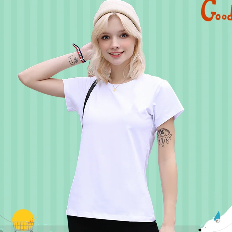 

S-5XL Women Cotton T-shirt Summer 2022 Casual Solid color O-neck Short-sleeve Elastic Bottom Pullovers Girl's Tops Tees Female