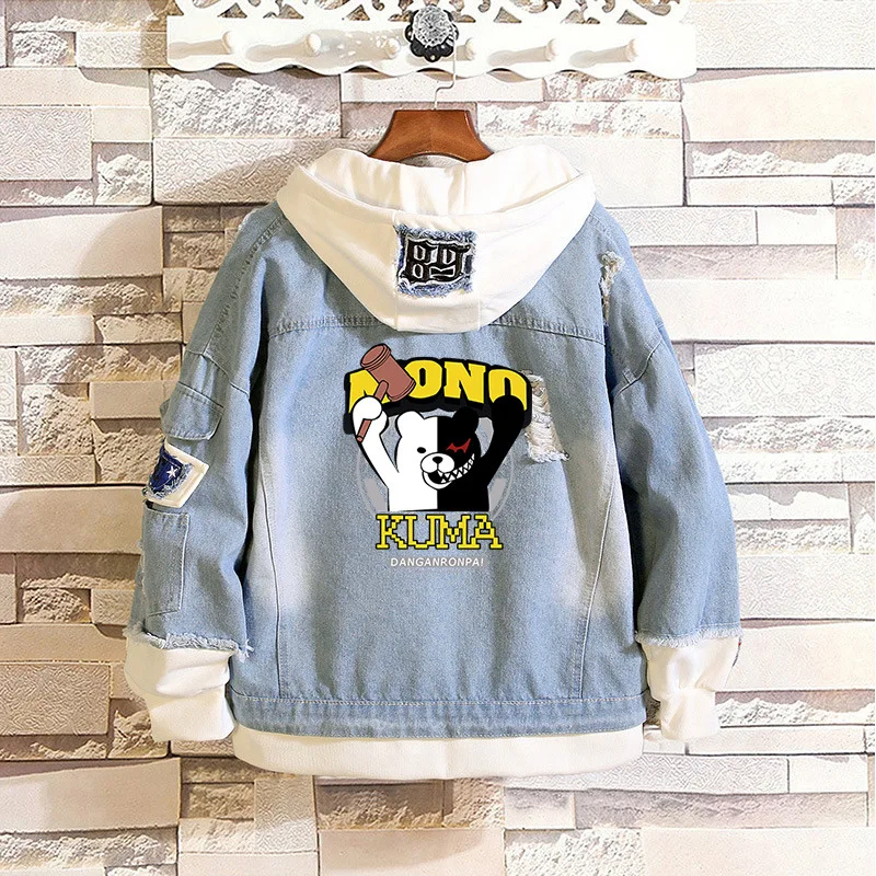 

Anime Super Danganronpa Monokuma Denim Jacket Dangan Ronpa Cosplay Denim Jackets Adult Autumn Spring Hooded Outwear Coats