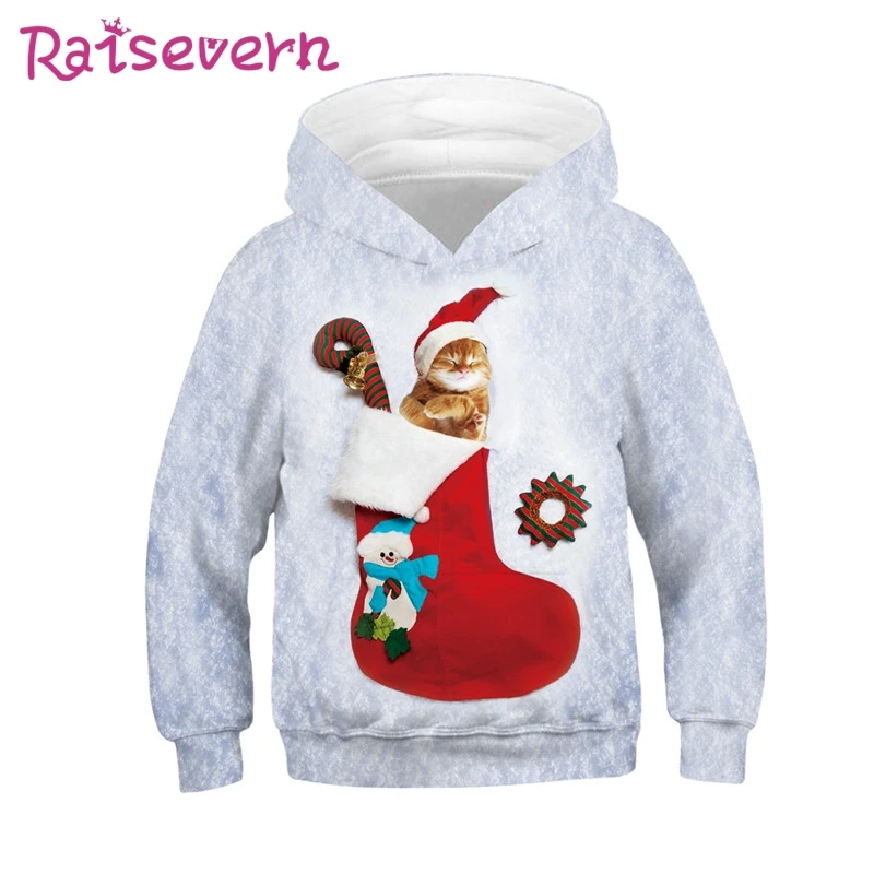 2019 рождественские детские толстовки с капюшоном 3D принтом кота собаки снеговика