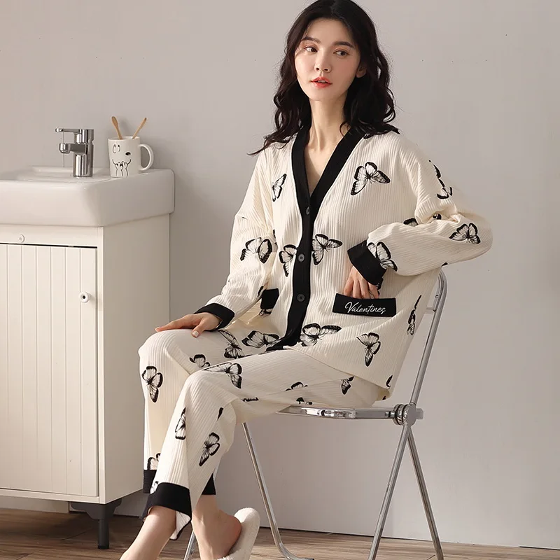 

Spring / Autumn100% Cotton Long-sleeved Trousers Women Pajamas Suit Simple Style Long pajamas Plus Size Women's Home Service