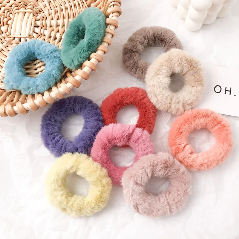 

Cute Furry Bear Ears Soft Elastic Hair Bands For Women Girls Faux Fur Candy Color Chirldren Hair Rope Scrunchie Hair Accessories