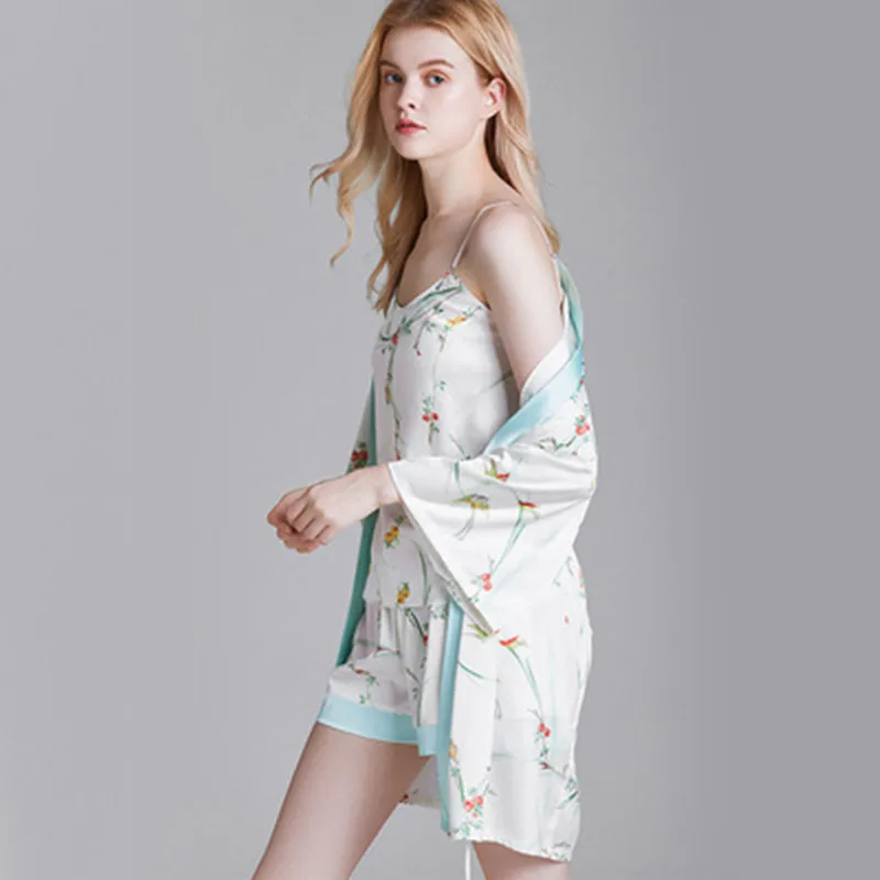 

Rayon Pajamas Set Women Autumn Female Pyjamas Sexy Print Female Long Robe Shorts Vest 3 Piece/Set Stitch Lingerie New Homewear