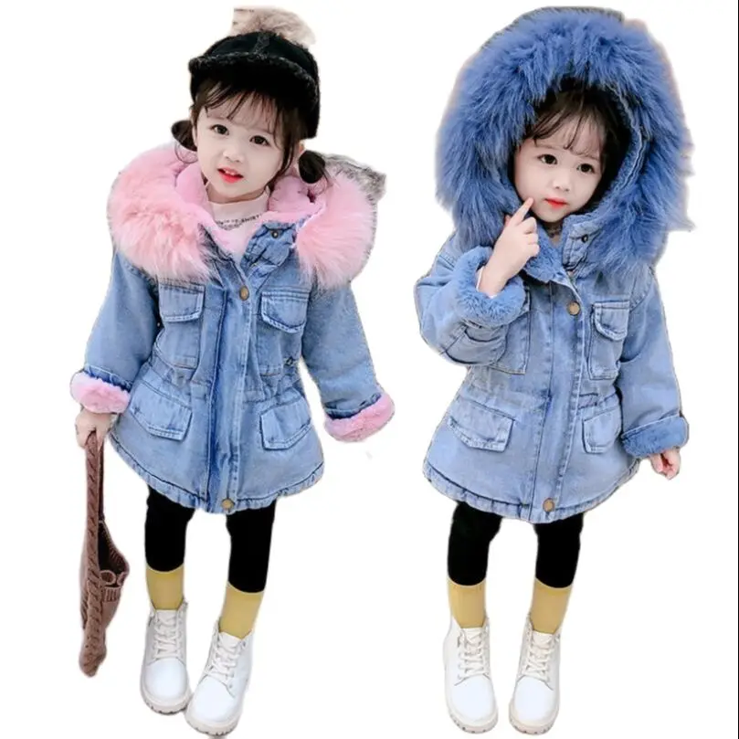 Winter Baby Girls Clothes 1-6Y Little Kids Nature Fur Denim Fleece Lining Hooded Toddler Outwear Children Thicken Warm Jacket | Детская