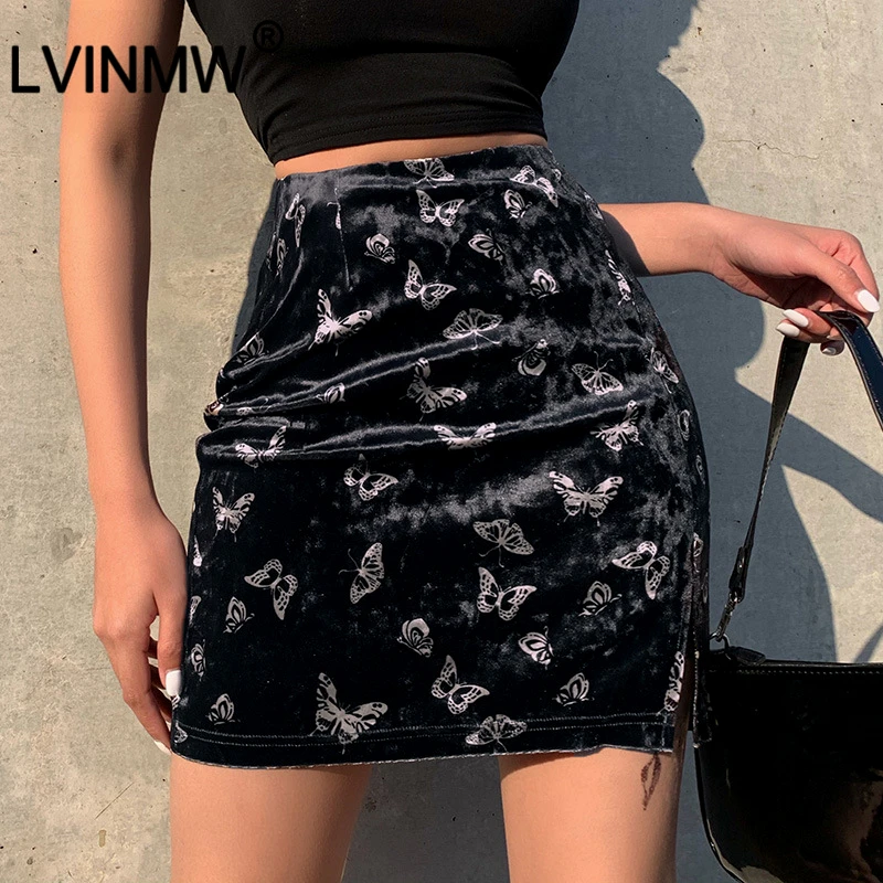 LVINMW сексуальные черные бархатные юбки с принтом бабочки 2020 весенние женские
