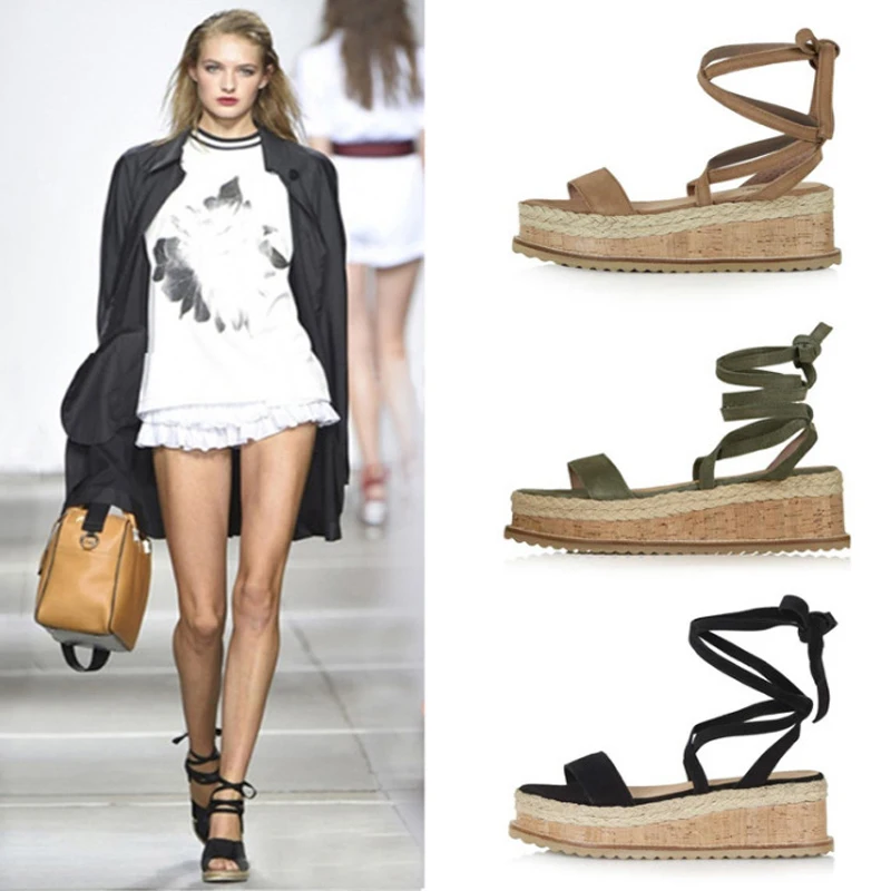 

Summer White Wedge Espadrilles Women Sandals Open Toe Rome Shoes Gladiator Sandals Ladies Casual Lace Up Female Platform Sandals
