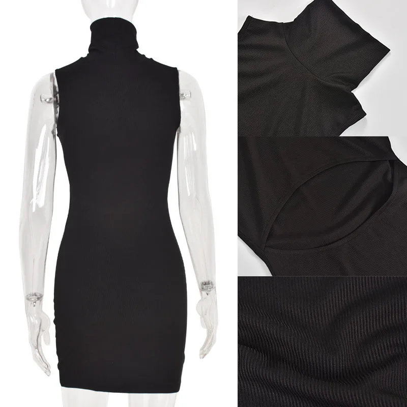 

QIWN Fashion Turtleneck Woman Dress Sexy Bodycon Club Party Vestidos Autumn Sleeveless Hollow Out Mini Dresses Women Clothing