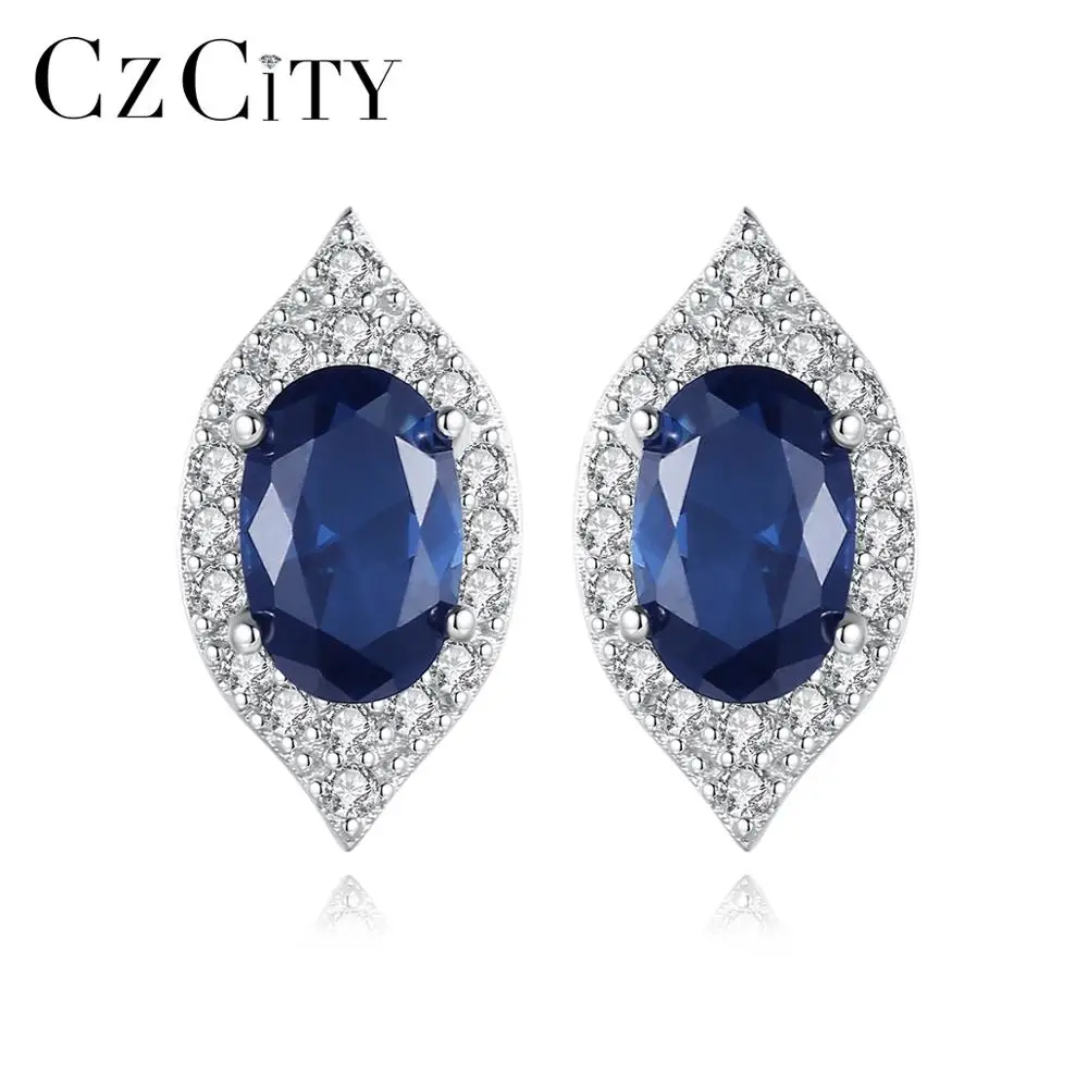 

CZCITY Eye Shape Stud Earrings for Women Olive Dark Blue Gemstones Real 925 Sterling Silver Fine Jewelry Christmas Gifts SE590