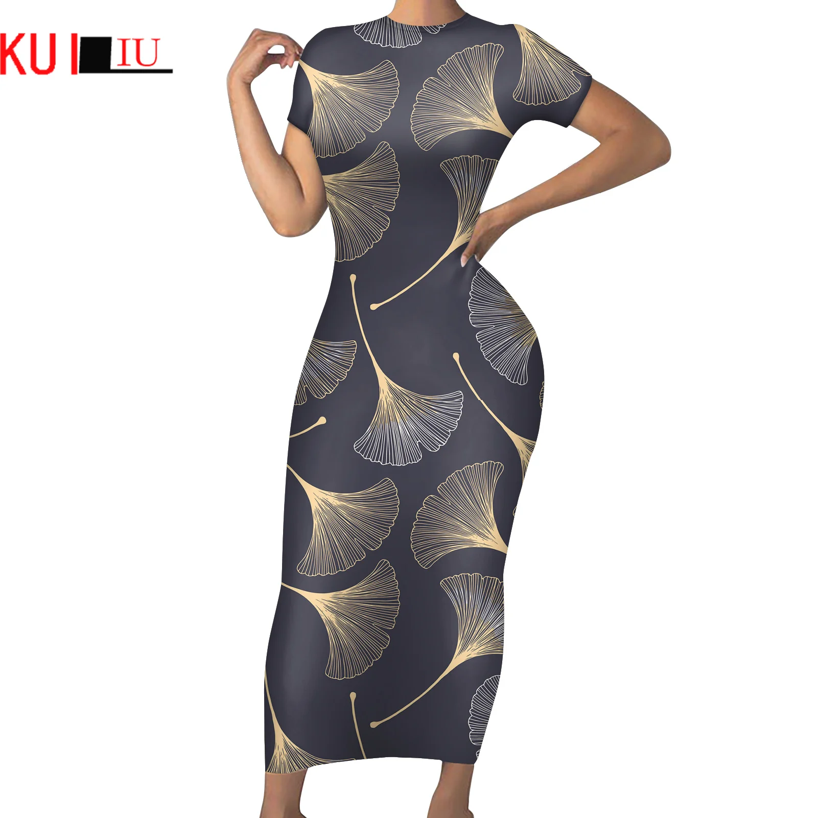 

KUILIU Women's Fashion Golden Leaves Sexy Bodycon Pencil Long Dress Summer Short Sleeve Party Office Lady's Slim Skinny Dresses