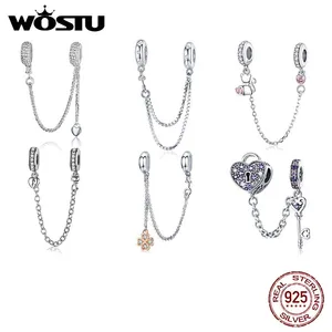 Браслет CQC606, 100% стерлингового серебра 925 пробы с ключом к сердцу, силиконовая безопасная цепь с шармом, подходит для Wostu, оригинальные шарики, ювелирных изделий