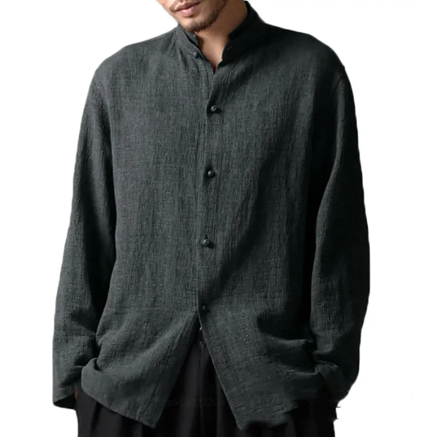 

Chinese Style Men Shirt Vintage Button Traditional Tang Suit 2020 Cotton Long Sleeve Loose Stand Collar Casual Male Costumes