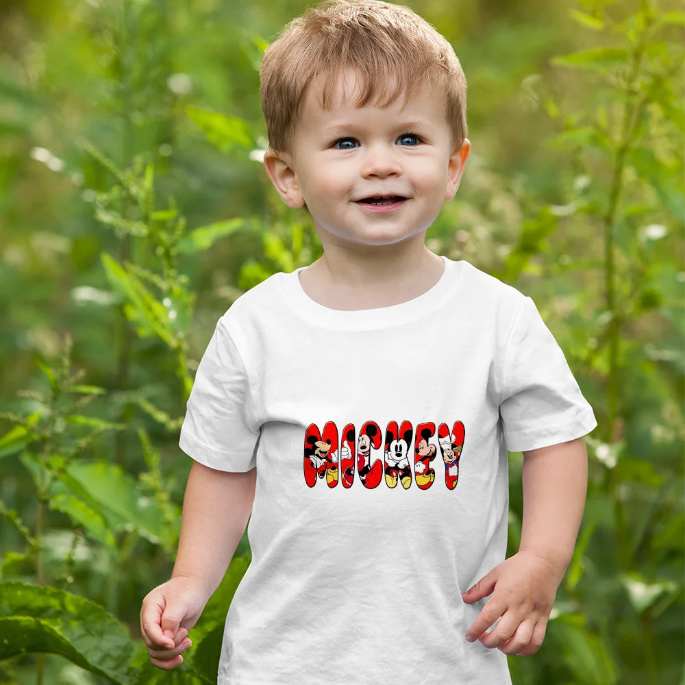 

Футболка с изображением героев Диснея Микки для девочек-подростков, футболки с рисунком братьев и сестер, летние модные топы в стиле Харадзюку с коротким рукавом, детская одежда