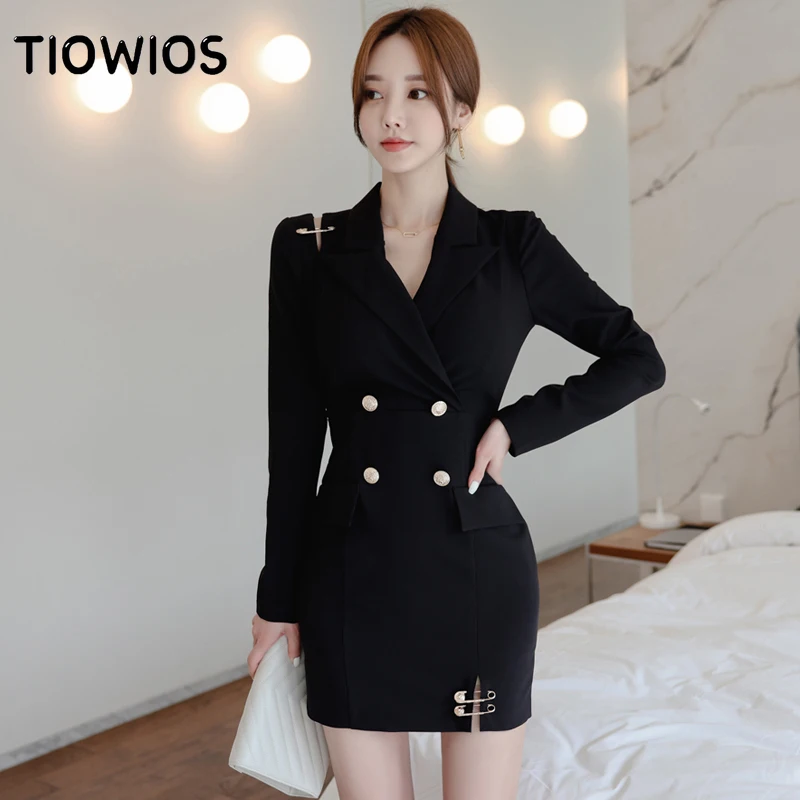 

TIOWIOS 2021 New Woman Autumn And Winter Korean Version Temperament Slim Suit Collar Fashion Pin Double-breasted Hip Dress