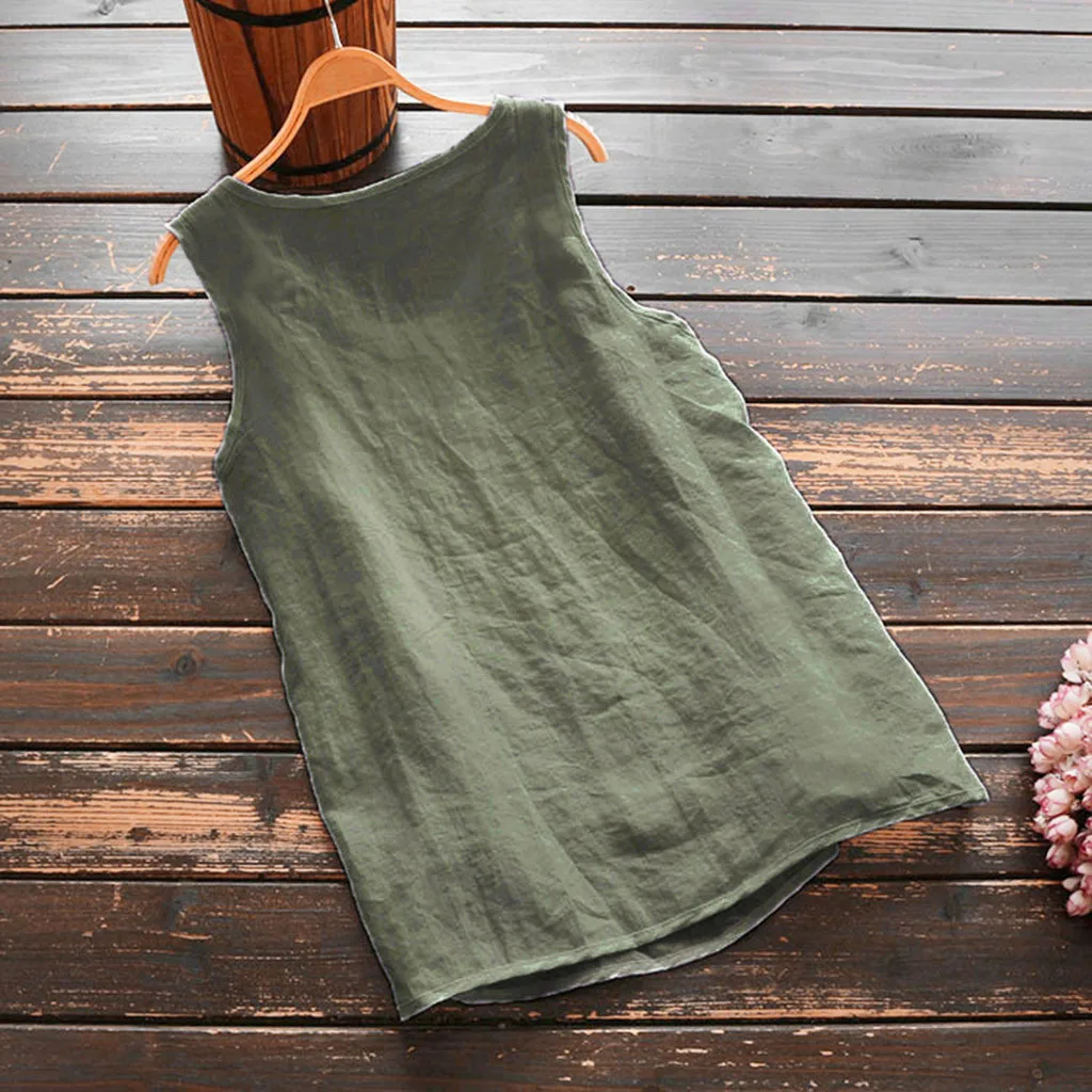

Women's Casual Solid Color Linen Sleeveless Retro Vest Button Tops Large Size T-shirt Loose Vest Shirt
