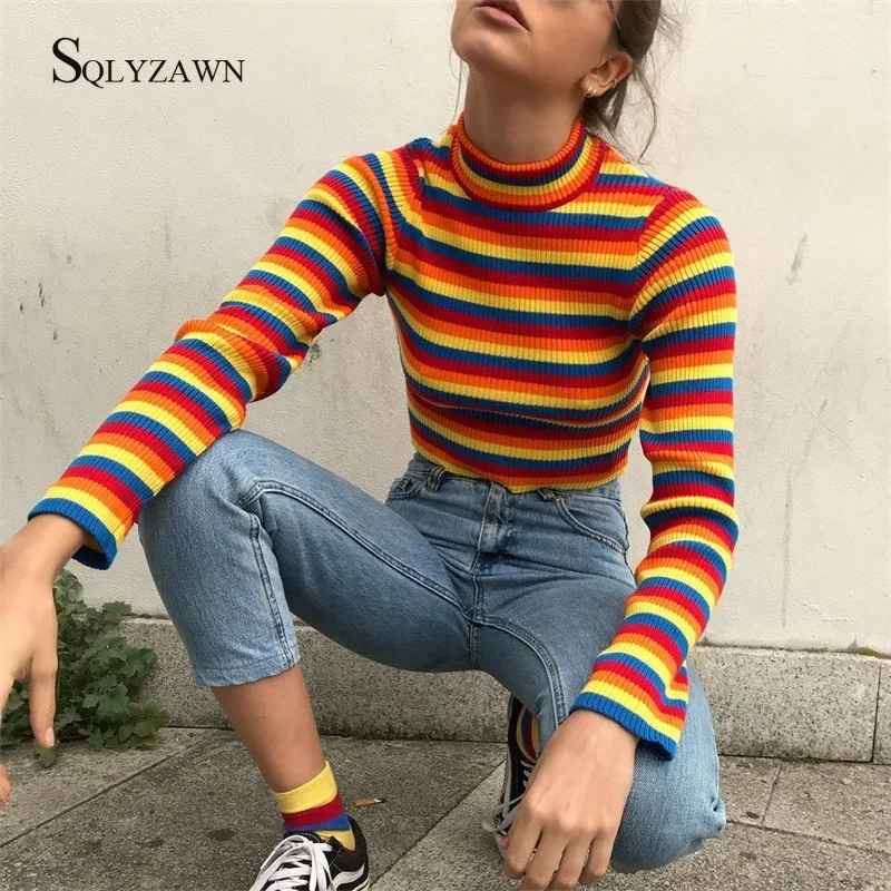 Streetwear Women Stripe Turtleneck Crop Sweater Rainbow Knitwear 2019 Fall Winter Fashion Top Slim Pullover Outfit | Женская одежда