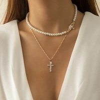 kpop dainty charm crystal cross pendant necklace for women gold color punk multi layer pearl choker necklace fashion jewelry