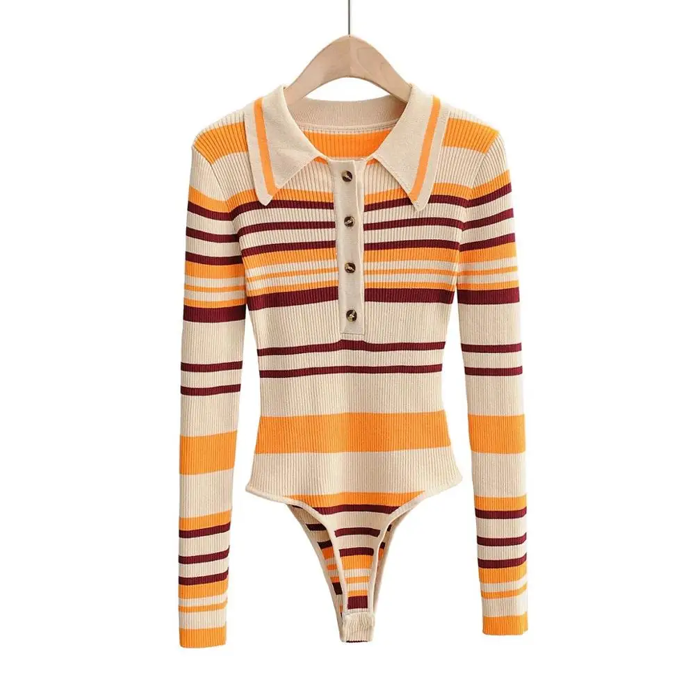 

Woman Vintage Knitting Contrast Playsuits Color Striped open Lapel Long Sleeve Bodysuit 90'S Short Jumpsuit Slim fit Rompers