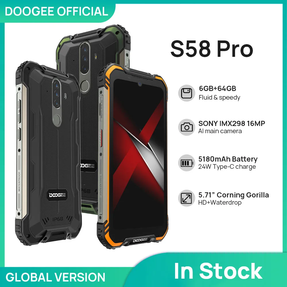 

New DOOGEE S58 Pro Mobile Phone IP68/IP69K Waterproof Rugged Phone 5180mAh 5.71"FHD+Display 6GB+64GB Android 10 NFC Smartphone