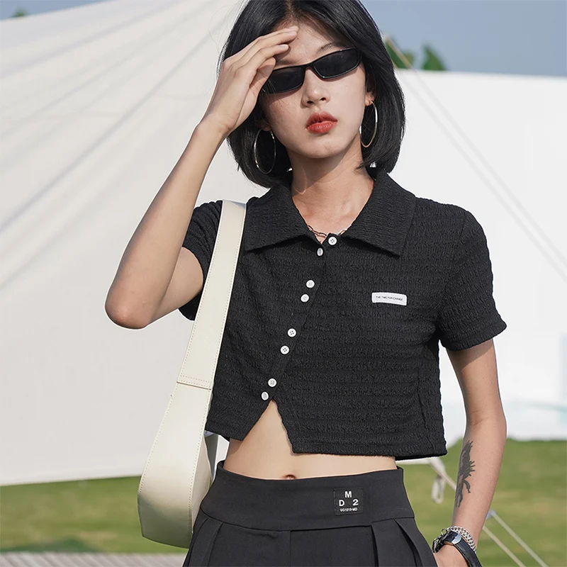 

Short T Shirts Tshirt Women Clothing High Street Folds Tees Top Shirt Female Turn-down Collar Short Sleeves Harajuku Ladies