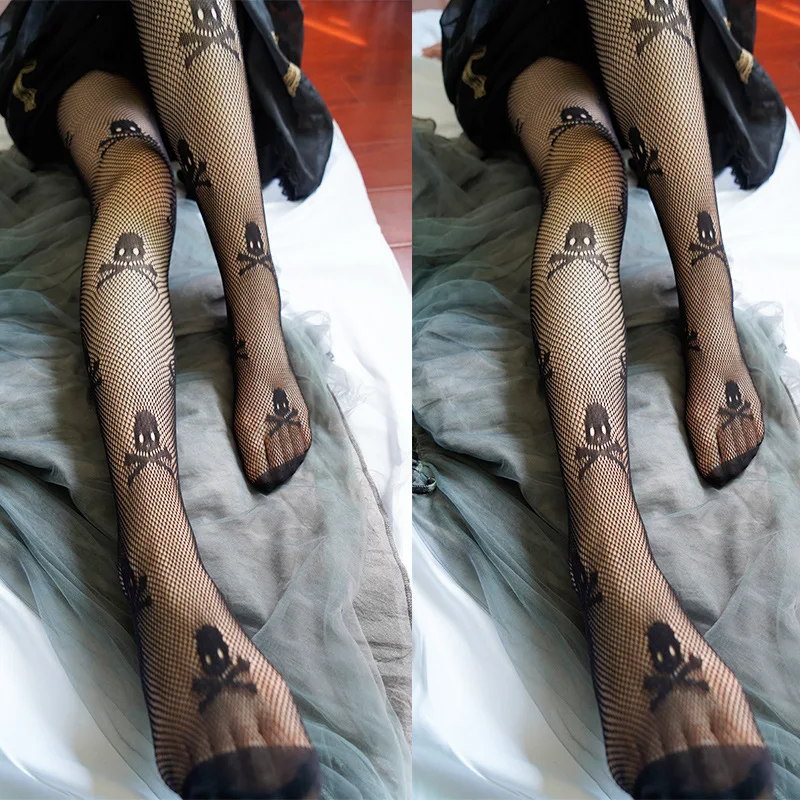 Сексуальные чулки в сеточку с черепами Высокие гольфы колготки сетчатые