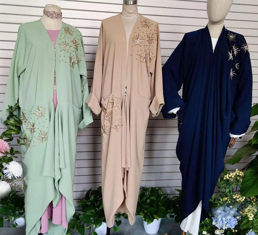 

Women Muslim Beaded Kaftan Open Abaya Kimono Cardigan Dubai Turkey Robe Islam Clothes Hijab Dress with Pockets American Modesty