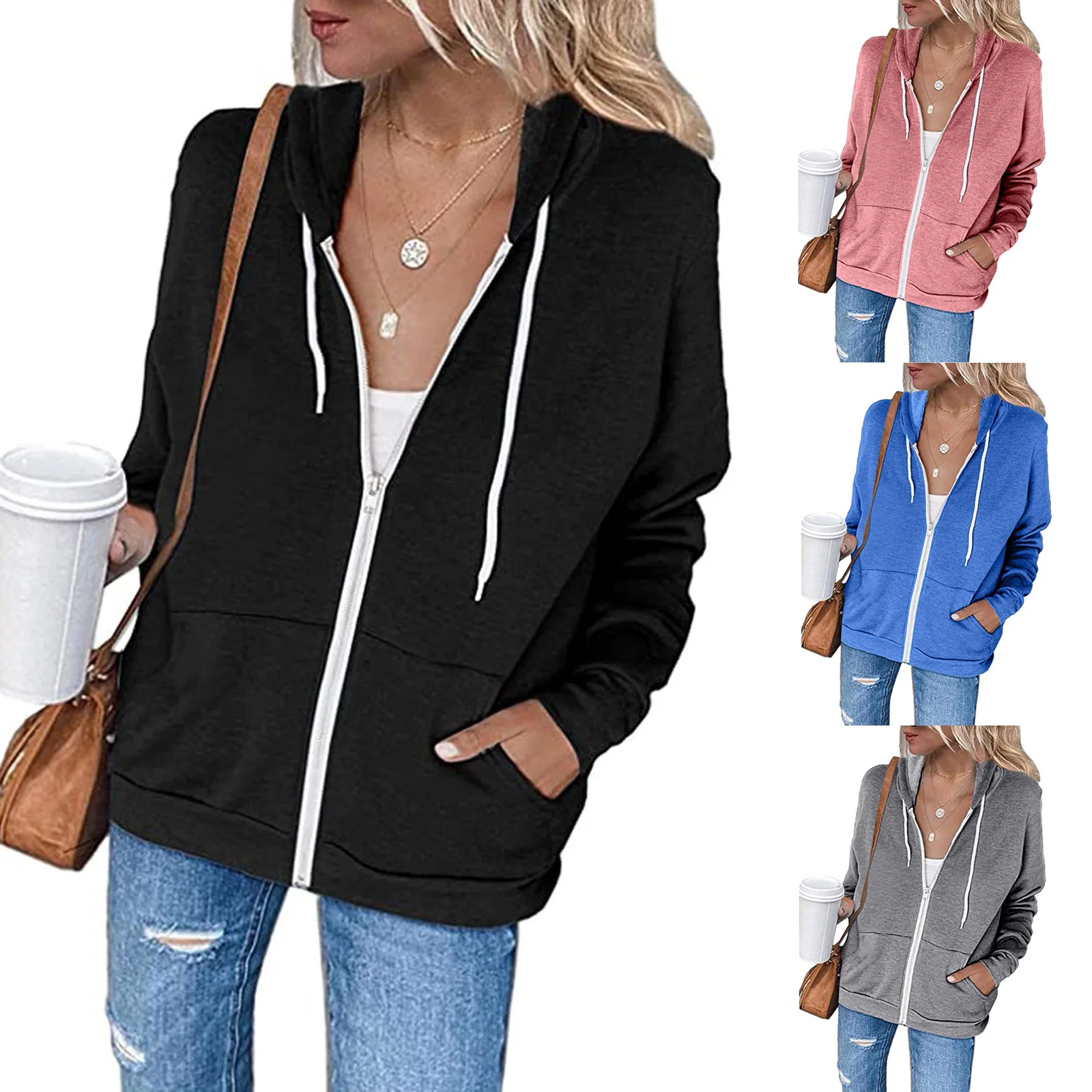

Solid Long Sleeve Sweatshirts For Women Pocket Autumn Casual Zip Up Hoodie Spring Plus Size Sports Hoodies Sweatshirt Oversized
