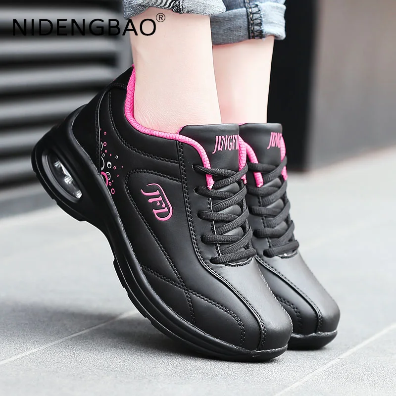 Women Sneaker Air Cushion Running Shoe Lightweight PU Leather Rainwaterproof Sports Shoes Outdoor Jogging Damping Footwear Women
