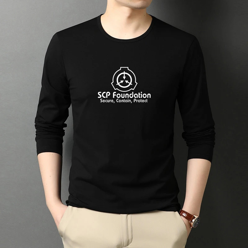 Cotton Men's T-Shirts Long Sleeve SCP Secure Contain Protect Streetwear Round Neck Bottoming Shirt Autumn Clothes Mens Top