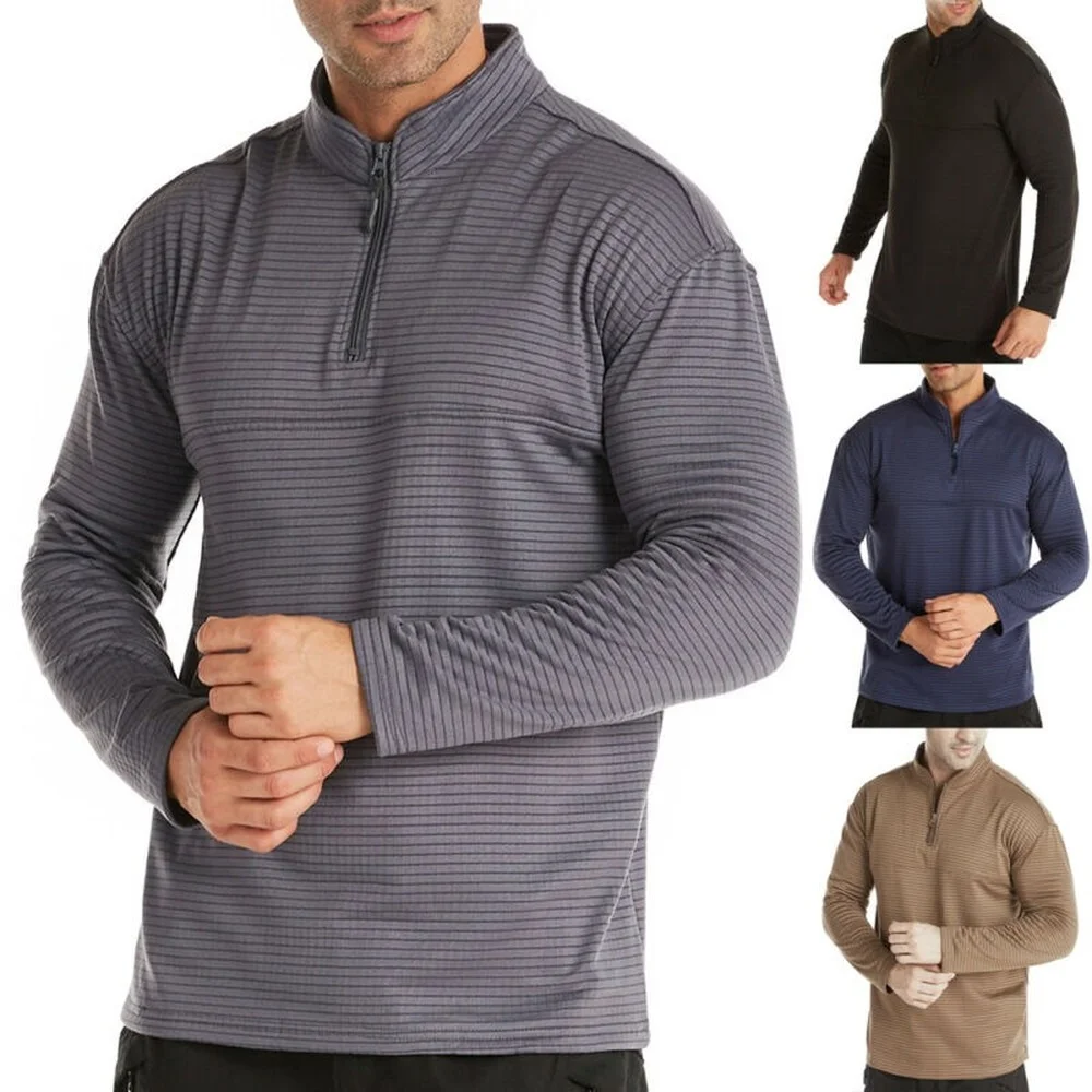 

Men Stripe Long Sleeve High Neck Sweatshirt Zip Soft Casual Jumper Pullover Top