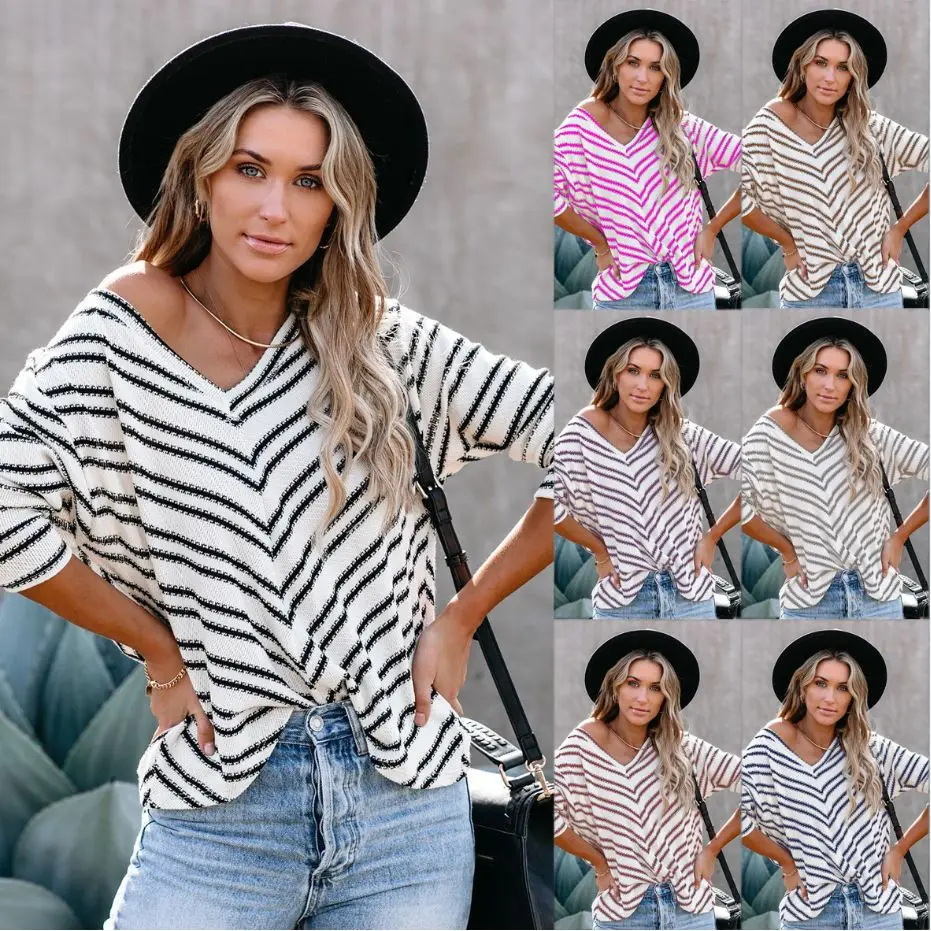

UVRCOS Women's Striped Long Sleeve Slant Shoulder V-Neck Sweater