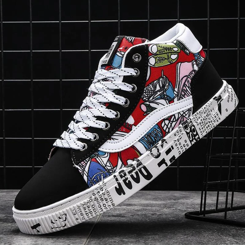 

2021 Men's Skateboard Shoe Canvas Casual Shoes High-top Non-Slip Sneakers For Men Breathable Graffiti Running Sports Shoes Flats