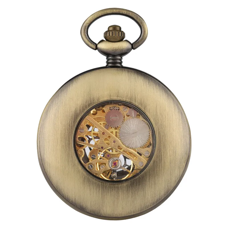Retro Bronze Wooden Frame Half Hunter Unisex Handwinding Mechanical Pocket Watch Roman Number Dial Design Pendant FOB Chain Gift