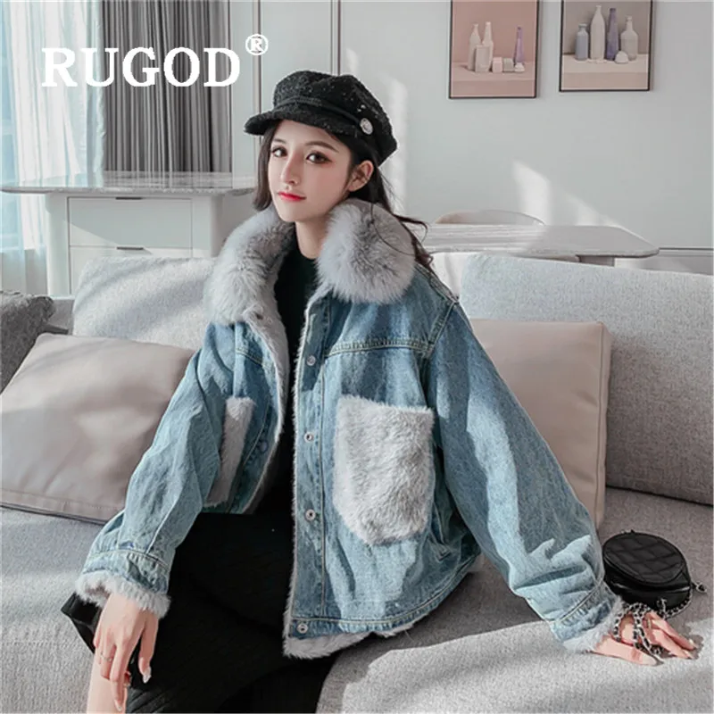 Женская укороченная куртка RUGOD толстая джинсовая с карманами и лисьим мехом