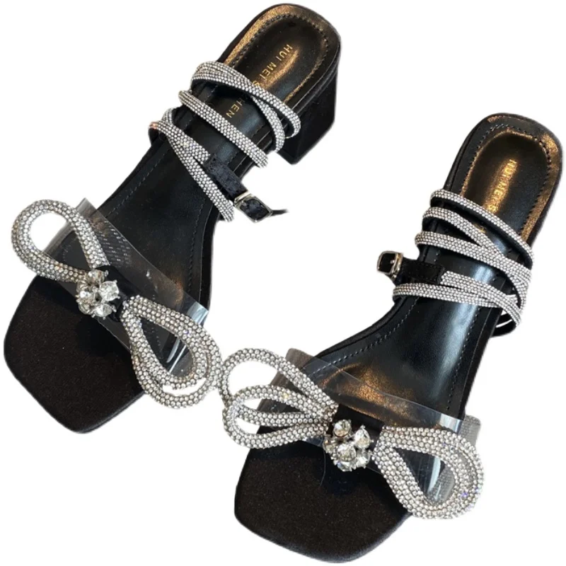 

High Heel Sandal for Women 2021 Summer Bow Shoes Open Toe Shallow Mouth All-Match Suit Female Beige High-heeled Comfort Block Cl