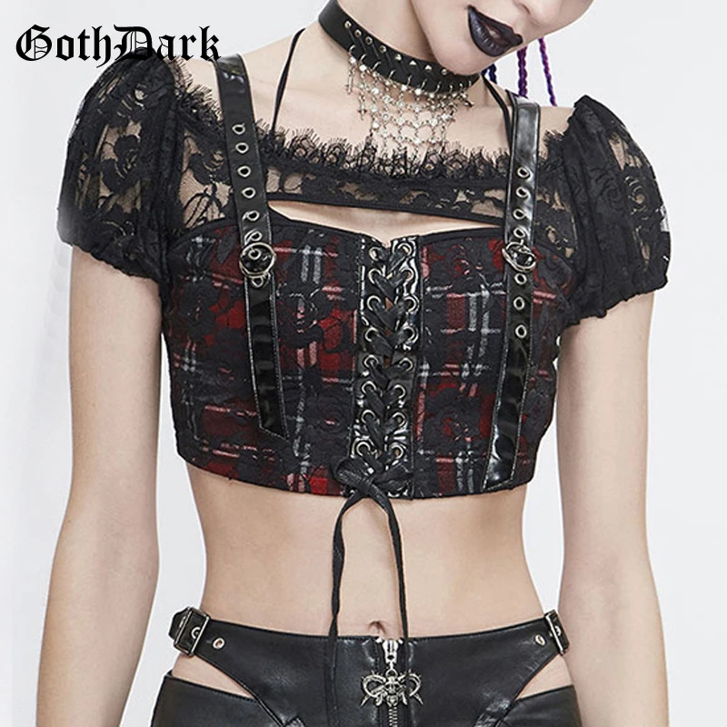 

Goth Dark Punk Mall Gothic Plaid Women Sexy T-shirts Grunge Lace Patchwork Bandage Cropped Tops Bodycon egirl Streetwear Clothes