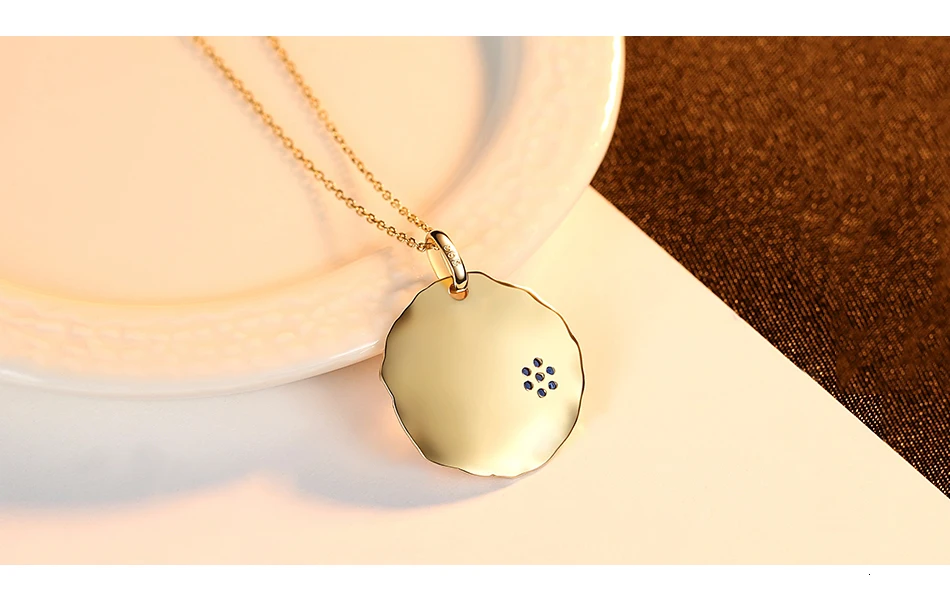 CZCITY Brand Solid Pure 14k Gold Round Pendant Necklaces for Women Blue AAA CZ Yellow Gold Fine Jewelry Gift Au 585 N14138