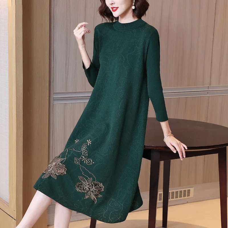 

Middle Aged And Elderly Women's Long Sleeved Knitted Dress Autumn Dress 2021 New Femininity Mother Wedding Dress Dress