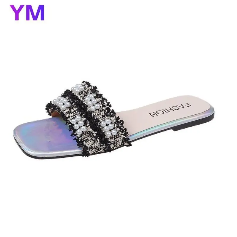 

2021 Woman Slippers Pearl Fashion Shoes Ladies Summer Flats Casual Slides Outdoor Plus Size 35-43 Zapatillas Mujer Casa 35-43